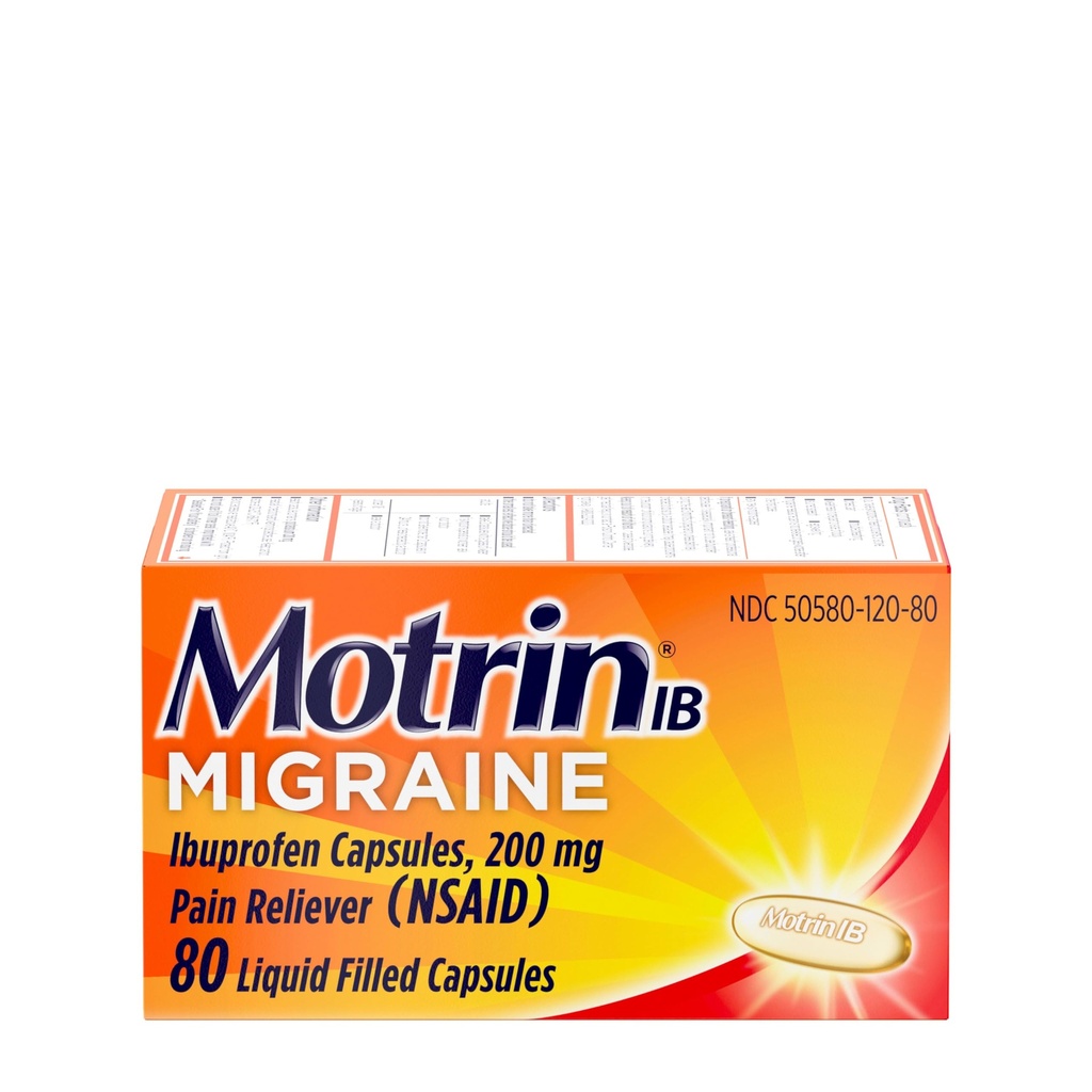 Motrin IB Migrene Relief Gel Capsule lichide cu 200 mg Ibuprofen per capsulă, Migrenă Rapidă şi eficientă Medicină pentru cefalee cu durere AINS Reliever Ibuprofen, Cafeină- fără, 80 ct