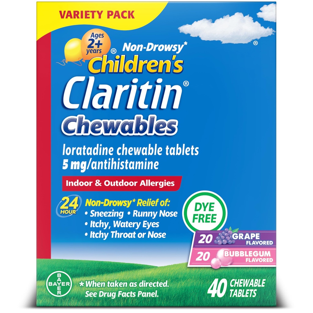 Claritin Medicina de Alergie pentru copii, 24 de ore Loratadină 5 mg comprimat masticabile, Antihistaminice pentru copii Vârsta 2 ani şi mai mare, Aroma de struguri şi gumă de mestecat, 40 comprimate