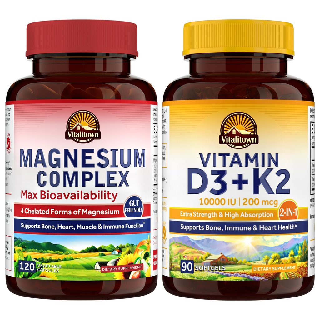 Vitalitown Magneziu Complex & Vitamina D3 K2 Bundle (Pachetul de 2) 