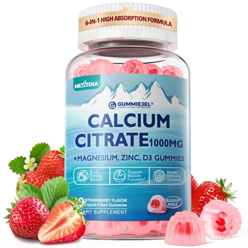 Suplimentul Citrat de calciu 1000mg pentru femei și bărbați, 6-in-1 Gume de magneziu de calciu Zinc + Vitamina D3, B6 & Potasiu Absorbție ridicată pentru oase, dinți, mușchi și nervi Sănătate, Vegan, Zahăr fără,60Cts