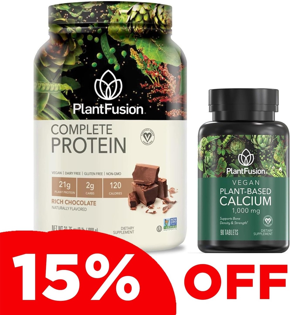 PlantFusion complet Vegan Proteina pulbere & Calciu Bundle - Pe bază de plante proteine pulbere cu BCAAs, enzime digestive și proteine de mazăre