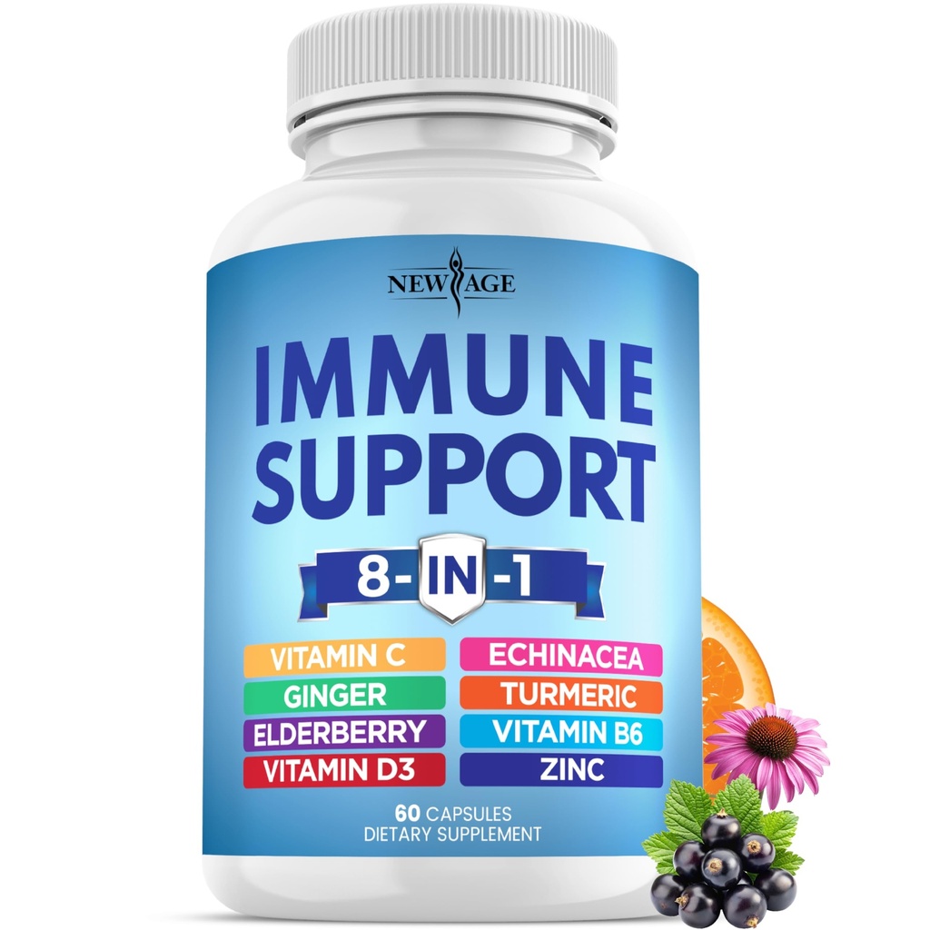 NOUA VÂRSTA 8 din 1 Suplimentul de suport imun cu Echinacea, Vitamina C şi Zinc 50mg, Vitamina D 5000 UI, Curcumin Turmeric & Ginger, B6, Count de Elderberry 60 (Pachet de 1)