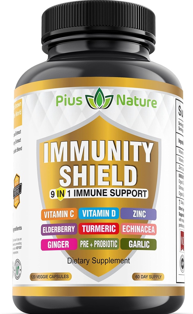 9-in-1 Suport imun Vitamina C (1000 mg), Vitamina D3 (5000 UI), Zinc (22 mg) cu Elderberry, Turmeric, Echinacea, Ginger, Usturoi și Pre+Pro-Biotic per Serving (120 capace pe flacon - 2 luni de aprovizionare)
