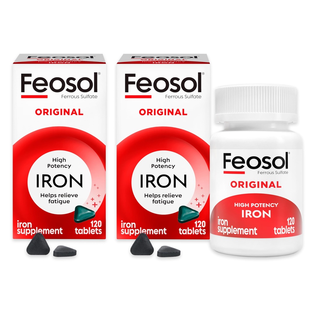 Feosol original Supliment de fier tablete, non-heme 325 mg sulfat feros (65 mg fier elementar) pe pilula, 1 pe zi, 4 luni de aprovizionare, pentru energie și sistemul imunitar suport (120 ct ambalaj de 2)