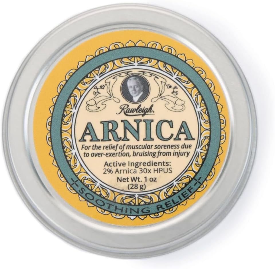 Rawleigh Arnica Soothing Balm: 1 oz, 2% Arnica 30X HPUS, Formula naturală pentru dureri musculare, Overexertion Bruising, Absorbs Quickly, Non Greasy, Travel-Friendly Tin - Pachet de 1