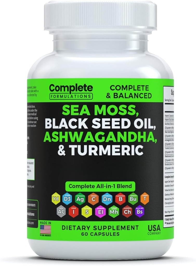 Sea Moss Supliment Blend cu Black Seed Oil Ashwagandha Turmeric Bladderwrack, Braddock & Vitamina C & D3 cu Elderberry Manuka Dandelion Yellow Dock Iod