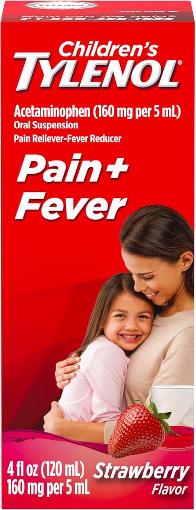 Tylenol pentru copii Medicament suspensie orală, Kids' medicament lichid Durere Reliever & Fever Reductor pentru simptome de răceală + gripă, Aspirină-, Ibuprofen- & Alcool- Gratuit, Căpșuni, 4 fl. oz
