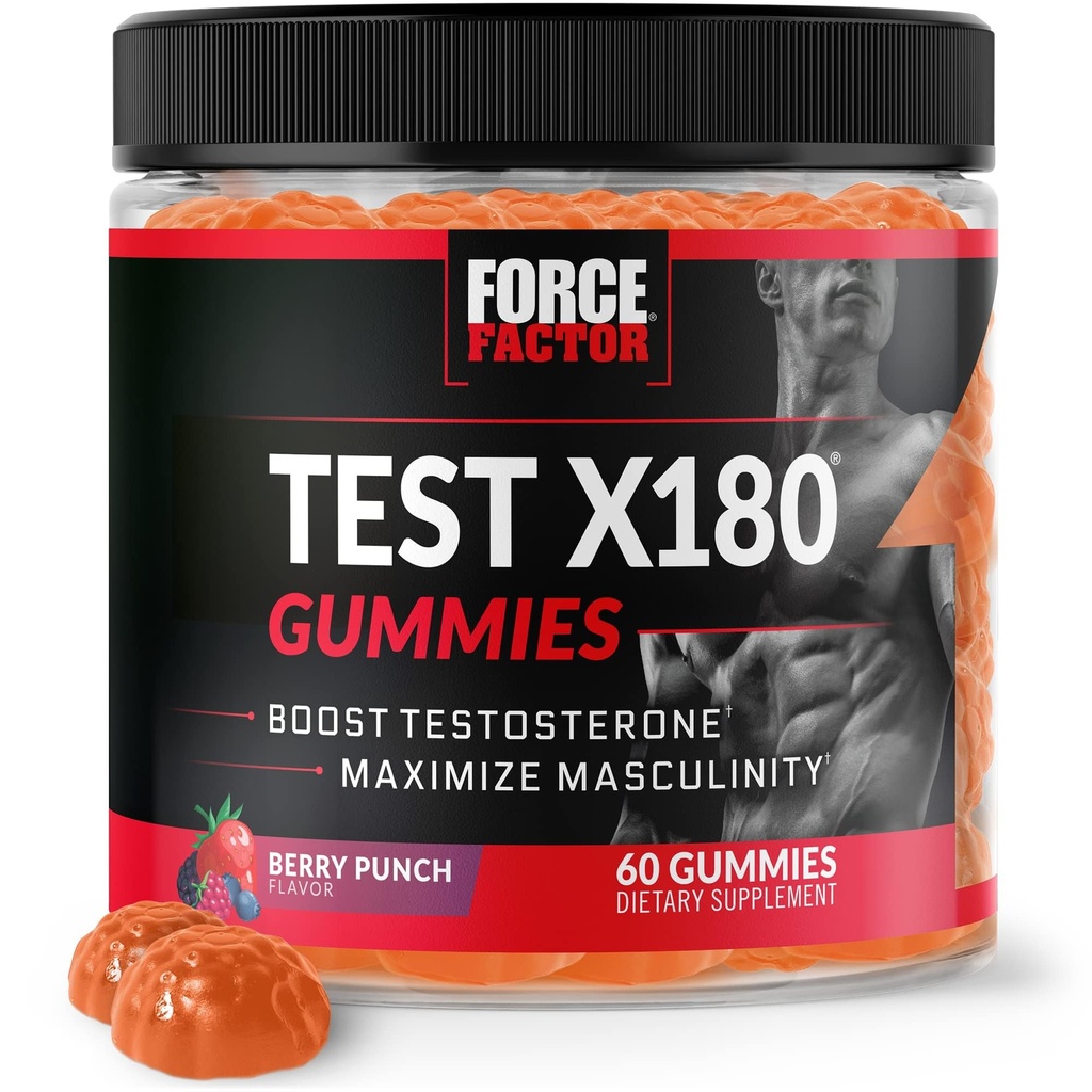 Force Factor Test X180 Gummies Testosteron Booster pentru barbati cu Tongkat Ali, Horny Goat buruieni, Tribulus Terrestris, Schinduf, & Black Maca, Supliment Men, Berry Punch, 60 Gummies, 1-Pack