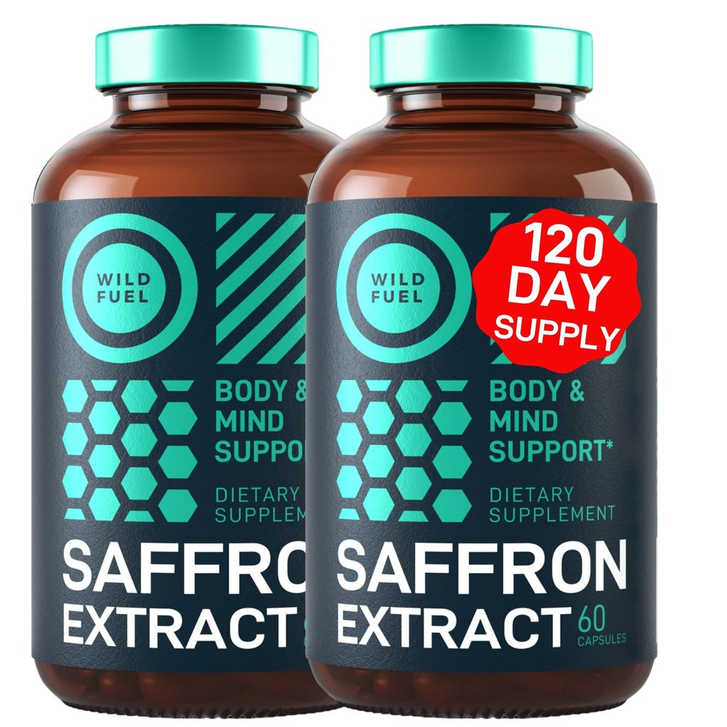 WILD combustibil pur extract de șofran supliment antioxidanți - Eye Health, energie și suport de mood Saffron fericit - 0,3% Safranal 88,5 mg Suplimente -120 zile Gluten-Free, capsule de șofran non-GMO Vegan