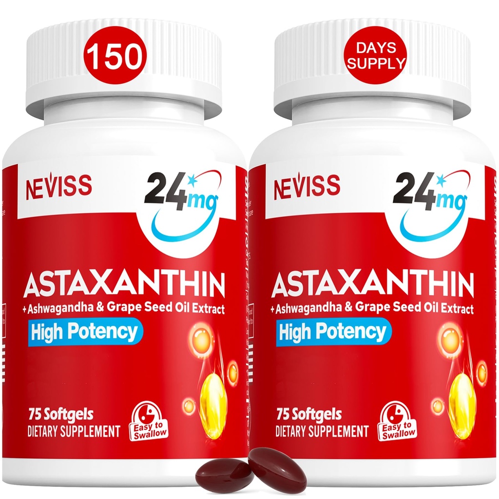Astaxanthin Suplimente 24mg, 5 luni de aprovizionare - Coconut MCT Ulei, Microalgae proaspete Sursa w/Grape Seed Oil, Ashwagandha - Antioxidanti pentru piele sanatoasa, ochi, imbatranire - non-GMO & Gluten Free, 150 Softgels
