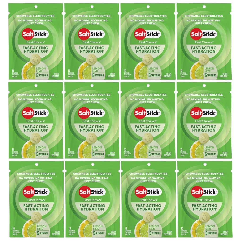 SaltStick Electrolyte FastChews Tablete masticabile, Lămâie, 120 număr, 12 pachete de 10 comprimate fiecare