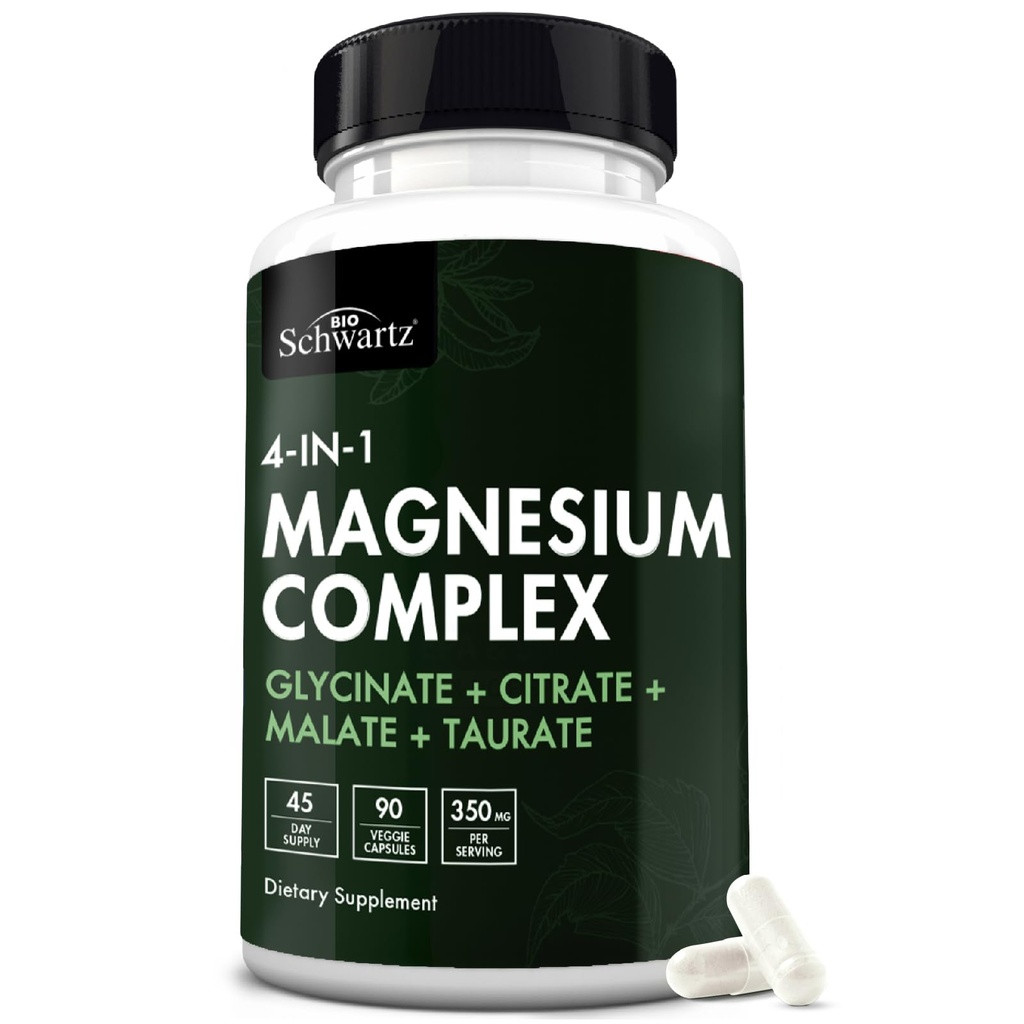 BioSchwartz Magneziu Complex Supliment (90 capsule) 350 mg Glicinat de magneziu Citrate Malat și Taurate Per Servire pentru nervi sanatosi Muscles Sustinerea somnului cardiac (Vegan, Gluten-Free, Non-GMO)