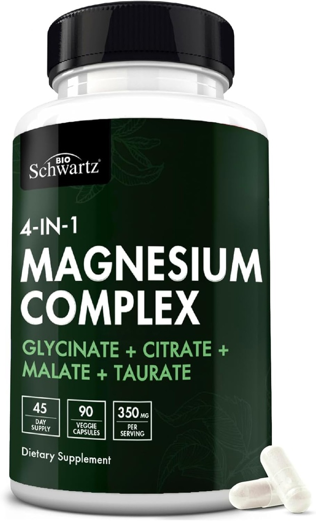 BioSchwartz Magneziu Complex Supliment (90 capsule) 350 mg Glicinat de magneziu Citrate Malat și Taurate Per Servire pentru nervi sanatosi Muscles Sustinerea somnului cardiac (Vegan, Gluten-Free, Non-GMO)