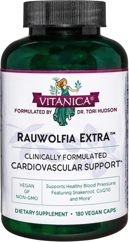 Vitanica Rauwolfia Extra - Suplimentul de sanatate a inimii - Suporta tensiunea arterială deja intr-o gama sanatoasa - Supliment cu magneziu, CoQ10 & Snakeroot - 180 Capace Vegane