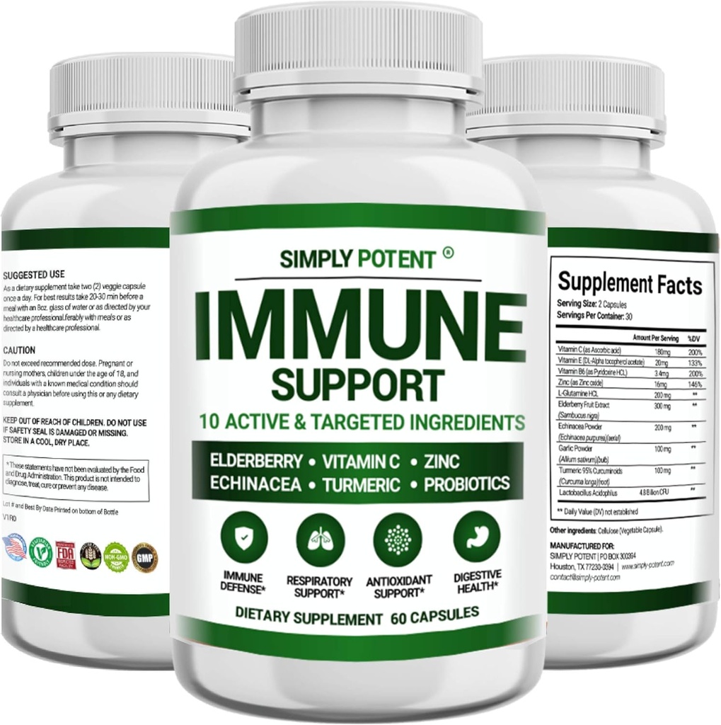 Suplimentul de suport imun, 10 la 1 Imunity Booster Blend of Elderberry, Vitamina C, Zinc, Echinacea, Turmeric, Probiotice si Antioxidanti pentru apararea imuna, Respiratie si sanatate digestiva, 60 pastile