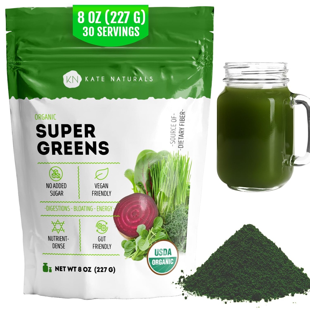 Kate Naturals Organic Super Greens Powder. Zilnic Greens Superfood Blend cu Probiotice & Fibră pentru Smoothies și suc (30 Servings, 8oz, Natural)