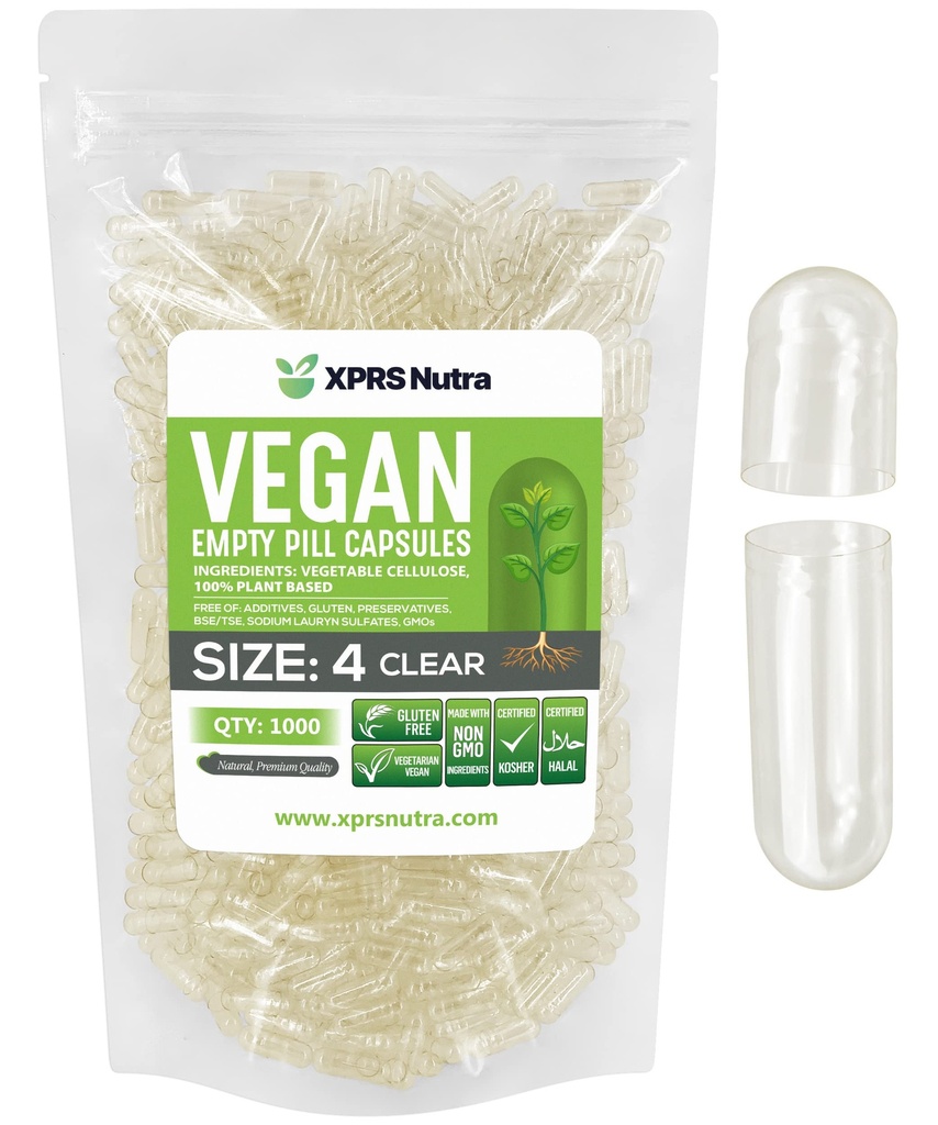 XPRS Nutra Dimensiune 4 Capsule goale - 1000 Conte capsule Vegane mici clar- Pastile vegetariene - capsule vegetale de umplere DIY - filble Do-It-Yourself Veggie Capace pentru suplimente