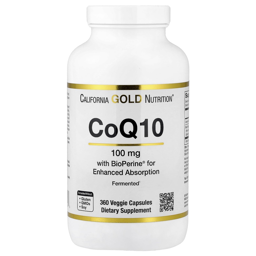 CoQ10 100 mg, Coenzima Q10 Ubichinonă USP cu Bioperine Black Pepper pentru absorbţie sporită, susţine funcţia mitocondrială*, 360 Capsule Veggie