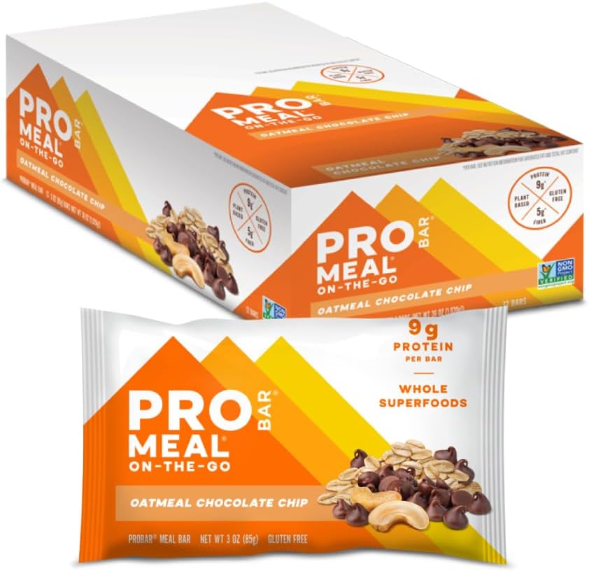 PROBAR - MEAL Bar, fulgi de ovăz Ciocolată Chip, Non-GMO, Gluten-Free, Sanatos, Plant-Based, Ingrediente alimentare integrale, Energie Naturala (12 Conte)