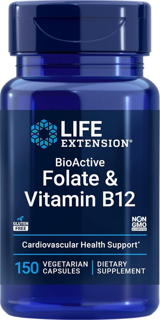Extensie de viaţă BioActive Folate & Vitamina B12, 150 Capsule vegetariene - Non OMG, Gluten Supliment gratuit