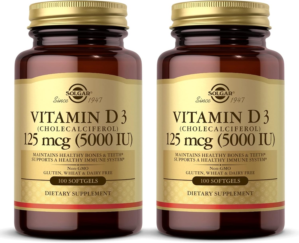 Solgar Vitamin D3 (Cholecalciferol) 10 mcg (400 IU) - 100 Softgels, Pack of 2 - Helps Maintain Healthy Bones & Teeth - Immune System Support - Non-GMO, Gluten Free, Dairy Free - 200 Total Servings