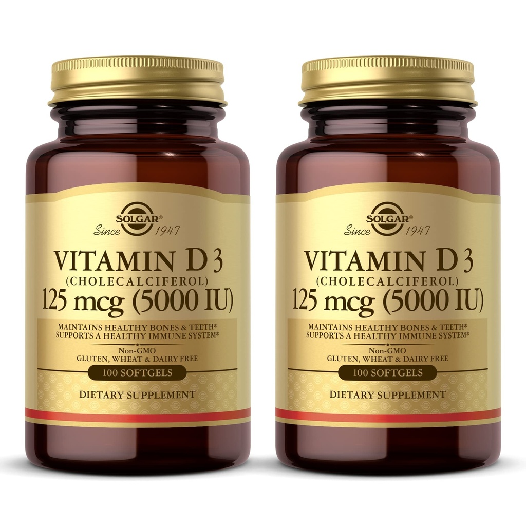 Solgar Vitamina D3 (Cholecalciferol) 10 mcg (400 UI) - 100 Softgels, Pachet de 2 - Ajuta la mentinerea sanatoasa a oaselor si a dintilor - Suport pentru sistemul imunitar - Non-GMO, Gluten Free, Dairy Free - 200 Total Servings