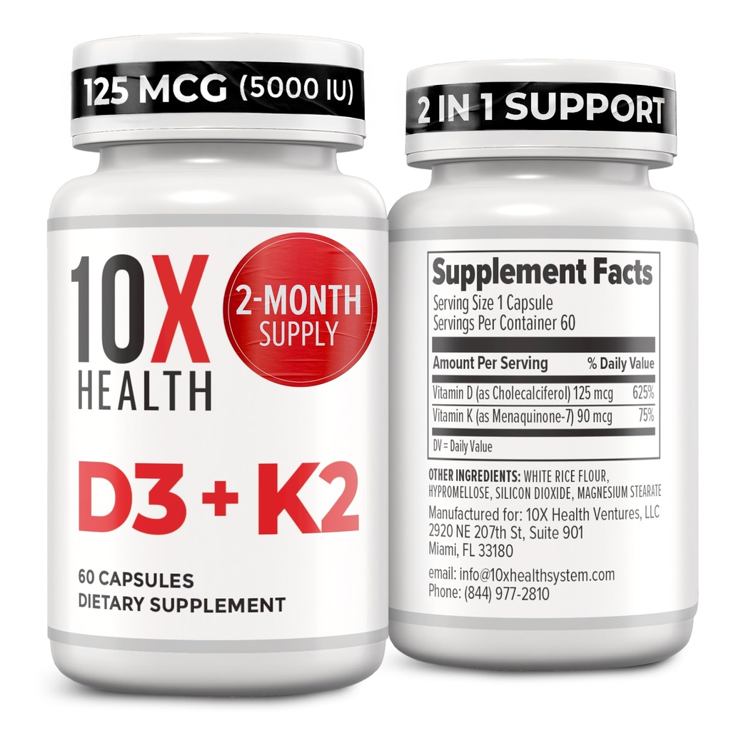 10X Health Vitamina D3 5000 UI & K2 MK7 - Menachinonă 7, supliment de vitamina D3 K2 pentru sănătatea osoasă, inimă și dinți - 125 mcg Vitamina D & 90 mcg Vitamina K2-60 Capsule