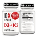 10X Health Vitamina D3 5000 UI & K2 MK7 - Menachinonă 7, supliment de vitamina D3 K2 pentru sănătatea osoasă, inimă și dinți - 125 mcg Vitamina D & 90 mcg Vitamina K2-60 Capsule