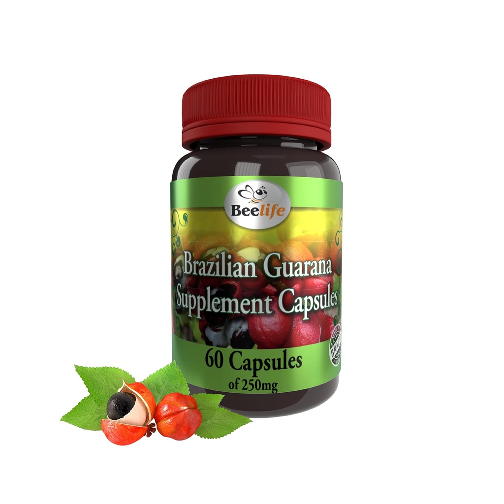 Capsulele de guarana braziliene - Suplimente naturale de cofeina din Brazilia - Energie si concentrare mentala, Suport pentru forta musculara - Zero Gluten, Fara antrenament pre zahar pentru barbati si femei - 250mg 60 Capsuri