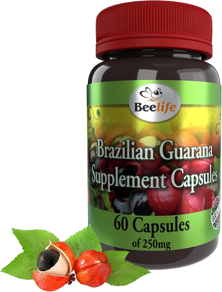 Capsulele de guarana braziliene - Suplimente naturale de cofeina din Brazilia - Energie si concentrare mentala, Suport pentru forta musculara - Zero Gluten, Fara antrenament pre zahar pentru barbati si femei - 250mg 60 Capsuri