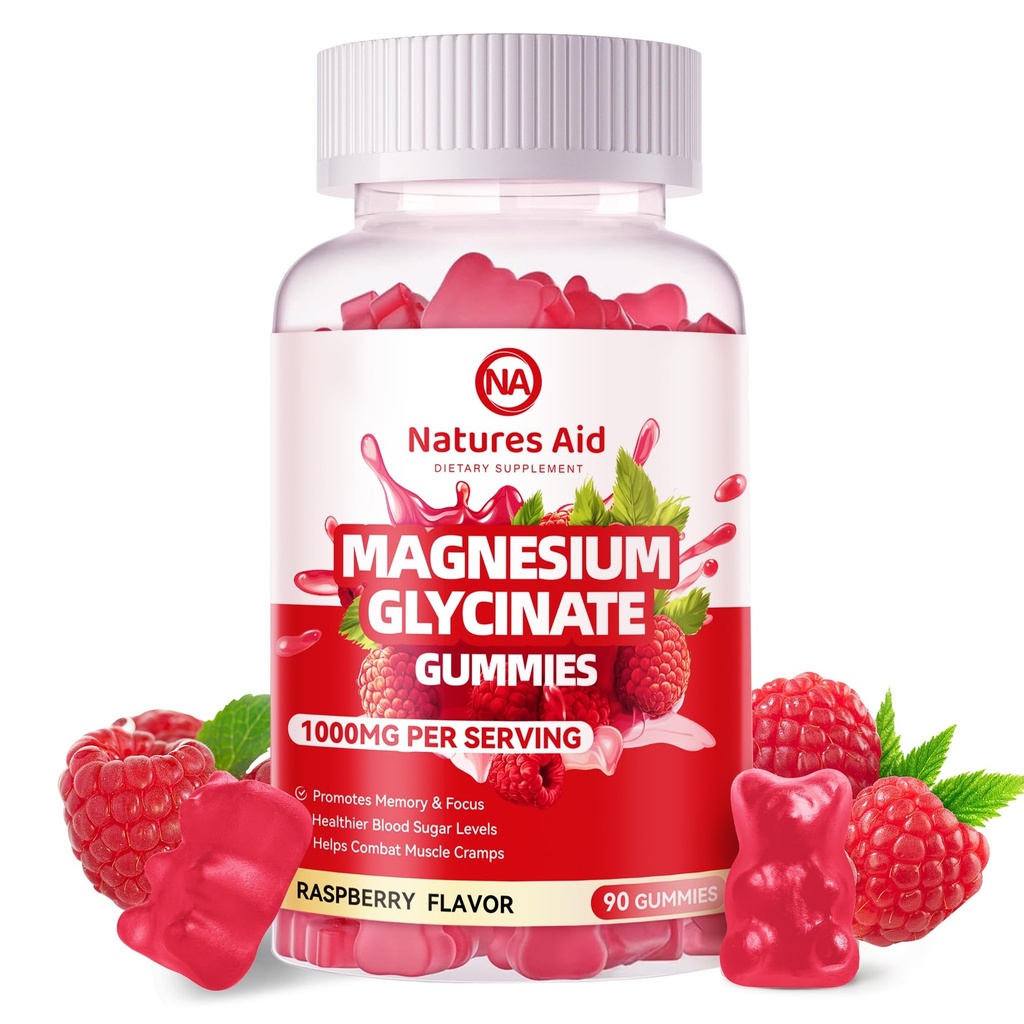 Magneziu Glycinate Gumries 1000mg - Zahăr gratuit magneziu Potasiu Supliment cu vitamina D, B6, CoQ10 pentru calm Mood & Sleep Support - 90 Zmeură Gumies.