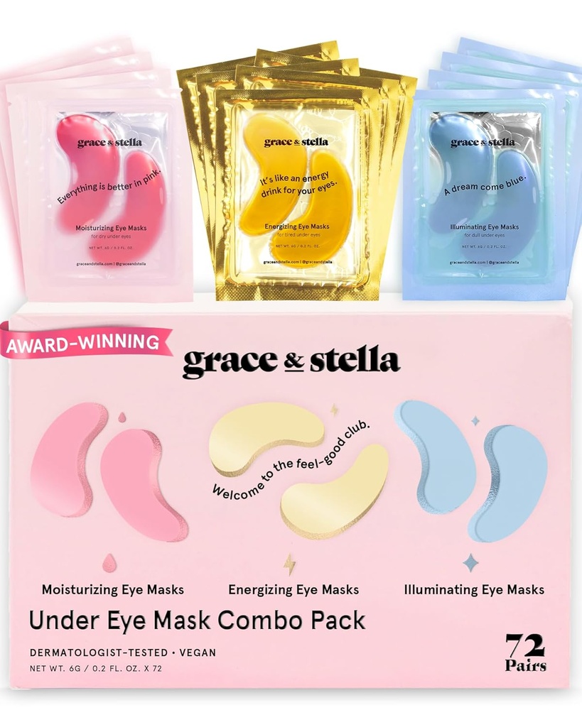 Grace & Stella Sub masca ochi - Reduce cercuri întunecate, ochi pufos, saci de ochi, riduri - Gel sub patch-uri ochi, Vegan Cruzimea-Libera de îngrijire auto (72 perechi, GoldPinkBlue)