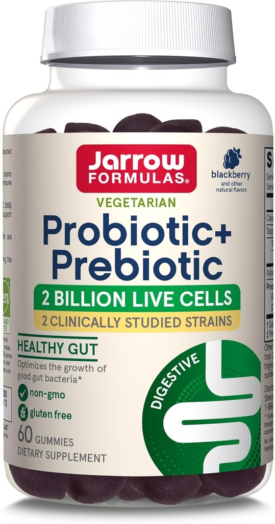Jarrow Formulas Probiotic+ Prebiotic Dietary Supplement, Digestive Health, Gut Flora+Immune Health - 2 Miliarde CFU - 2 Studii clinice Strains - 60 Gume - Blackberry Flavor