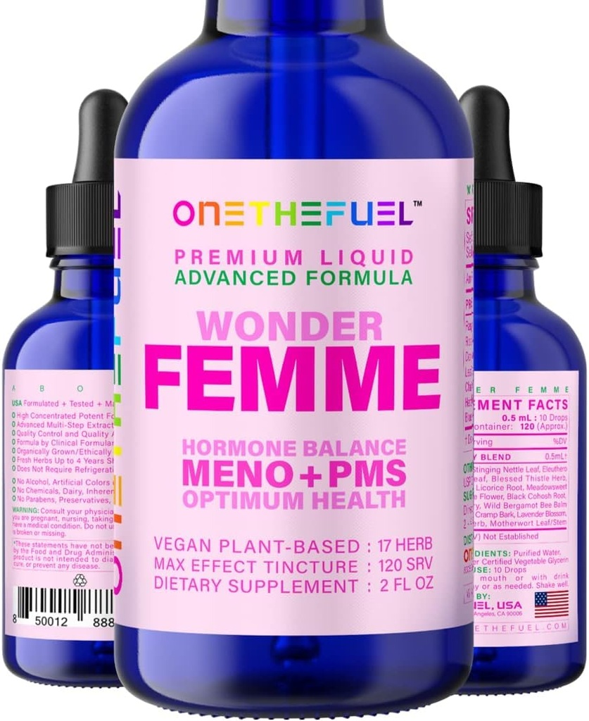 Wonder Femme Plant-Based Hormone Balance Menopauza Hot Flashes Ajutor 100% Natural 17 Femei din plante Estrogen Health Supplement Dong Quai Vitex + Absorb rapid Tinctură 2 oz. Lichid