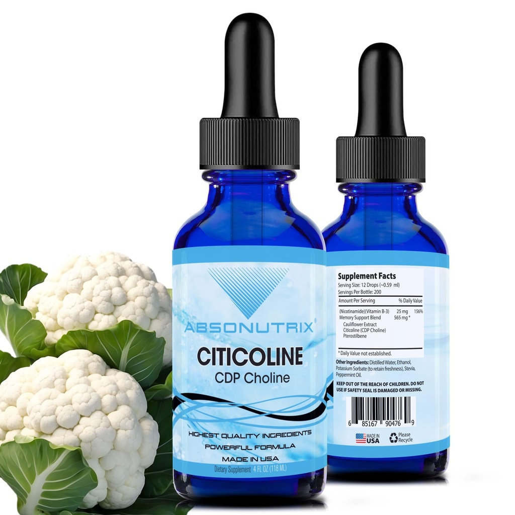 Absonutrix Citicoline 590 mg, 4 Oz Sticla, 200 Serviri, Made in USA, Absorbtie rapida, Ingrediente de calitate potent, non-GMO, GMP Certified, Produse Cruzitate-Free