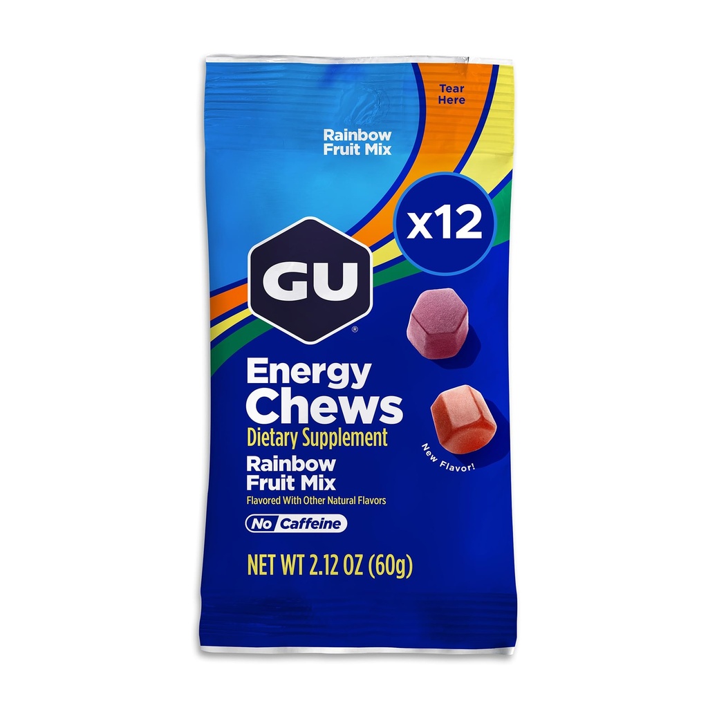 GU Energy Chews, Rainbow Mix Energy Gummies cu Electroliti, Dairy-Free, On-The-Go Energy pentru orice antrenament, 12 Bags (24 Servings Total)