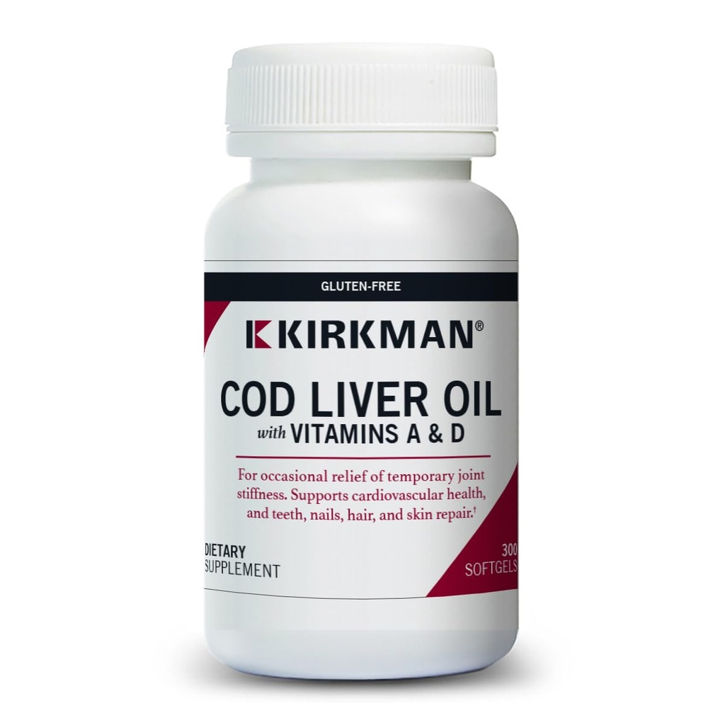 Kirkman - Cod Ulei de ficat cu vitamina A & D - 300 Softgels - Acid gras esential - Sprijina sanatatea fundationala - Hipoallergenic