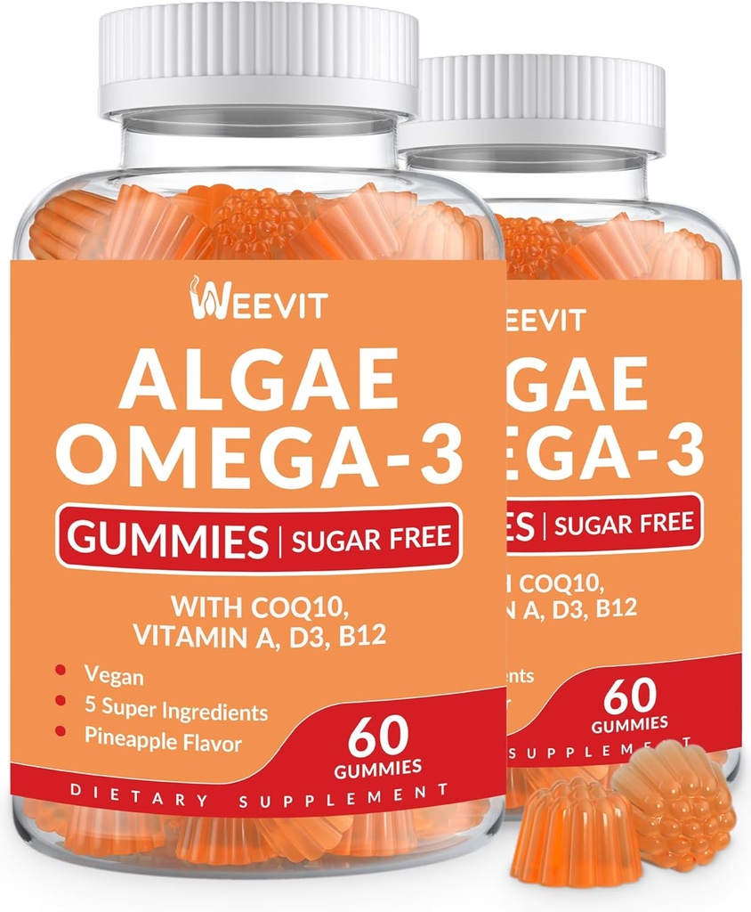 Vegan Omega 3 Gummies, Algae Omega-3 Supliment DHA 240mg, EPA 110mg w/Vitamin B12, CoQ10, ulei de pește Alternative pentru adulți - Brain, Os, Eye & Imunitate Suport