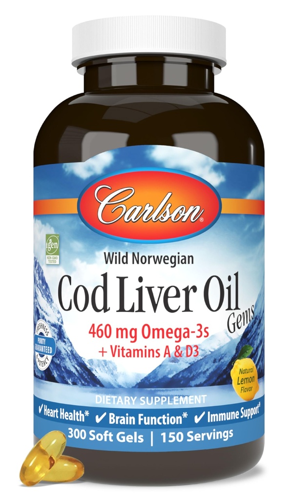 Carlson - Cod Ulei de ficat, 460 mg Omega-3s + Vitamine A & D3, ulei de cod arctic sălbatic capturat, capsule nordice de ulei de pește, Lemon, 300 Softgels