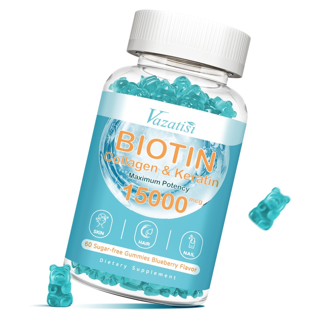 Gume de biotina si colagen cu B12, piele de par si unghii vitamine gume pentru cresterea parului, luminos piele si unghii puternice - aroma de afine, zahar gratuit, 60 Ct