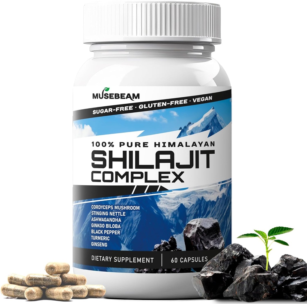 Capsule Himalayan Shilajit Bărbați Femei - Premium Himalayan Pastile supliment acid pelvian - Ashwagandha Turmeric Ginkgo Biloba Ginseng Cordyceps Mushroom Sting Nettle Black Pepper