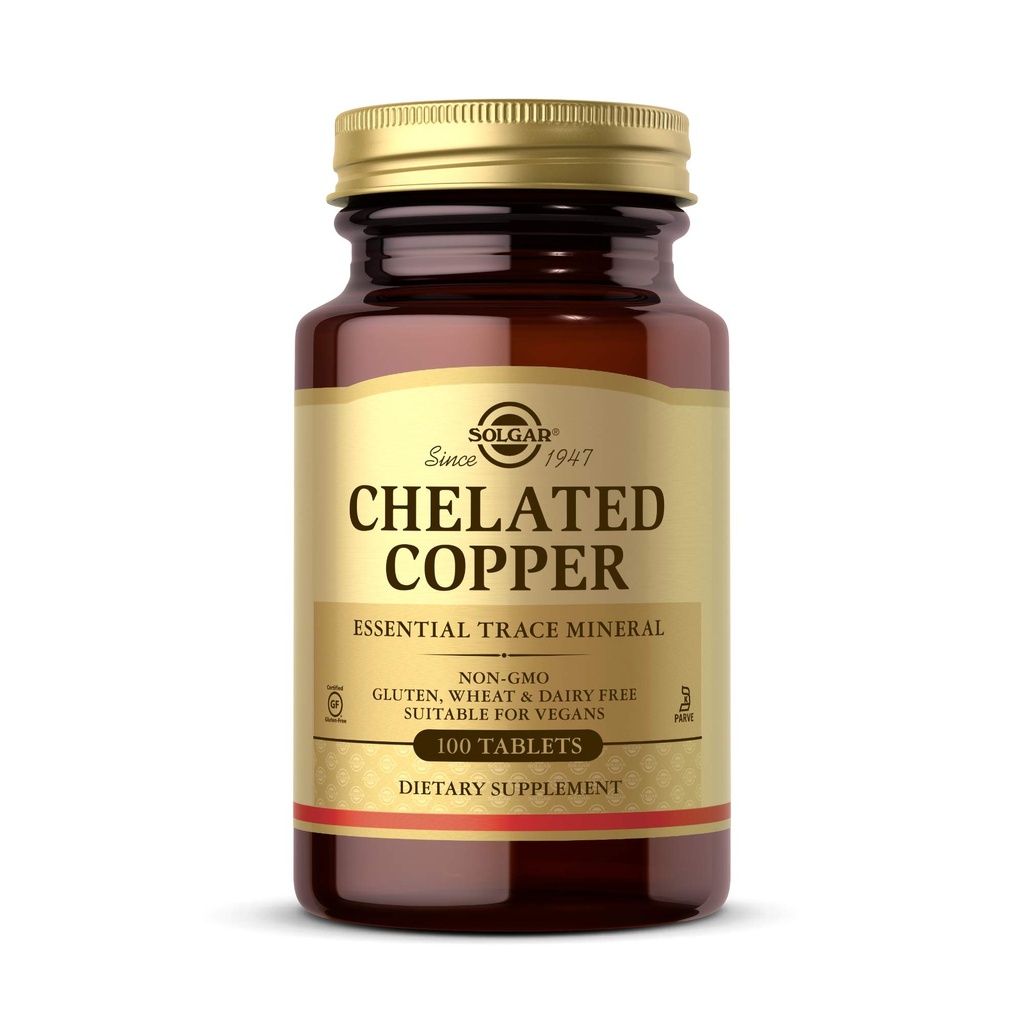 Solgar Cupru Chelated, 100 comprimate - esential pentru formarea de colagen - forma foarte biodisponibila - Suporturi tesut Connectiv - non-GMO, Vegan, Gluten gratuit, lactate gratuit, Kosher - 100 Serviri