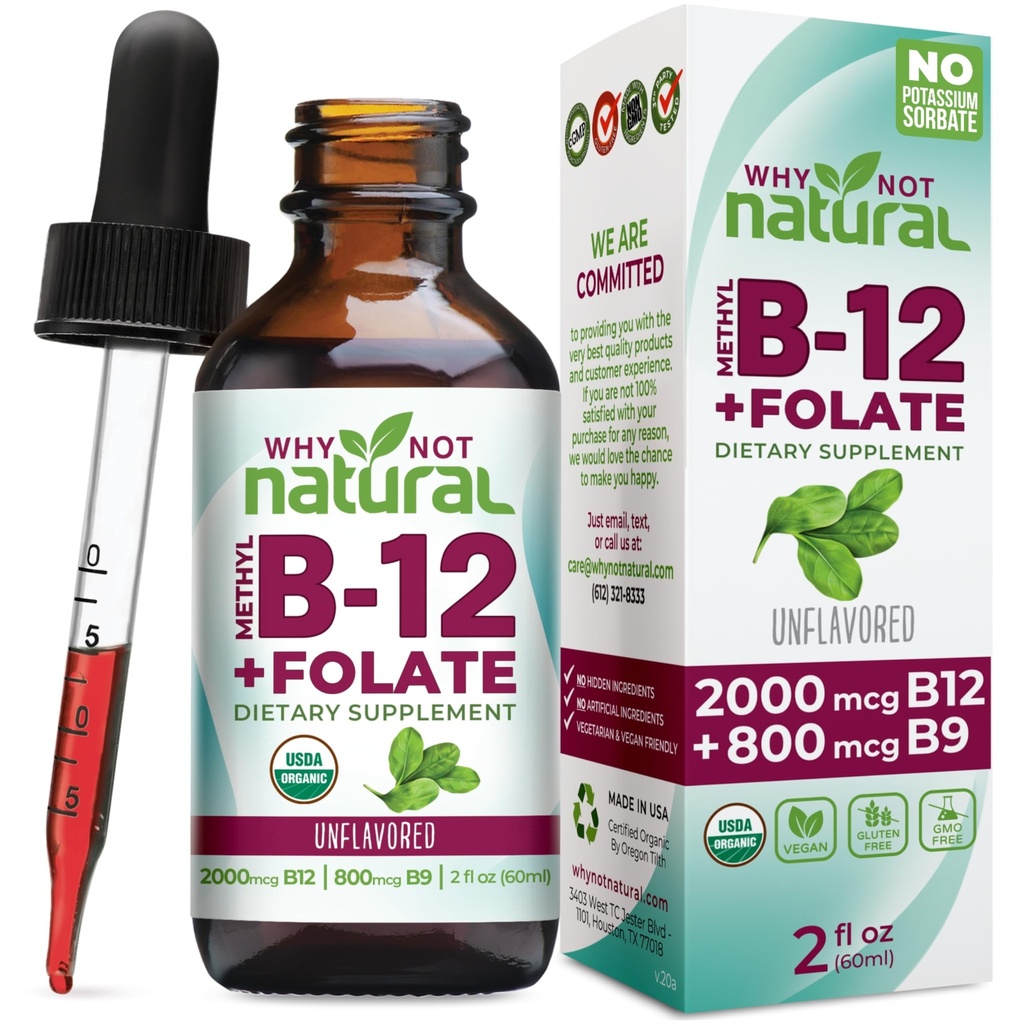 De ce nu naturale vitamina B12 lichid Plus Folat - organic sublingual extra Putere picaturi Vegan - supliment de metil cu Folinic