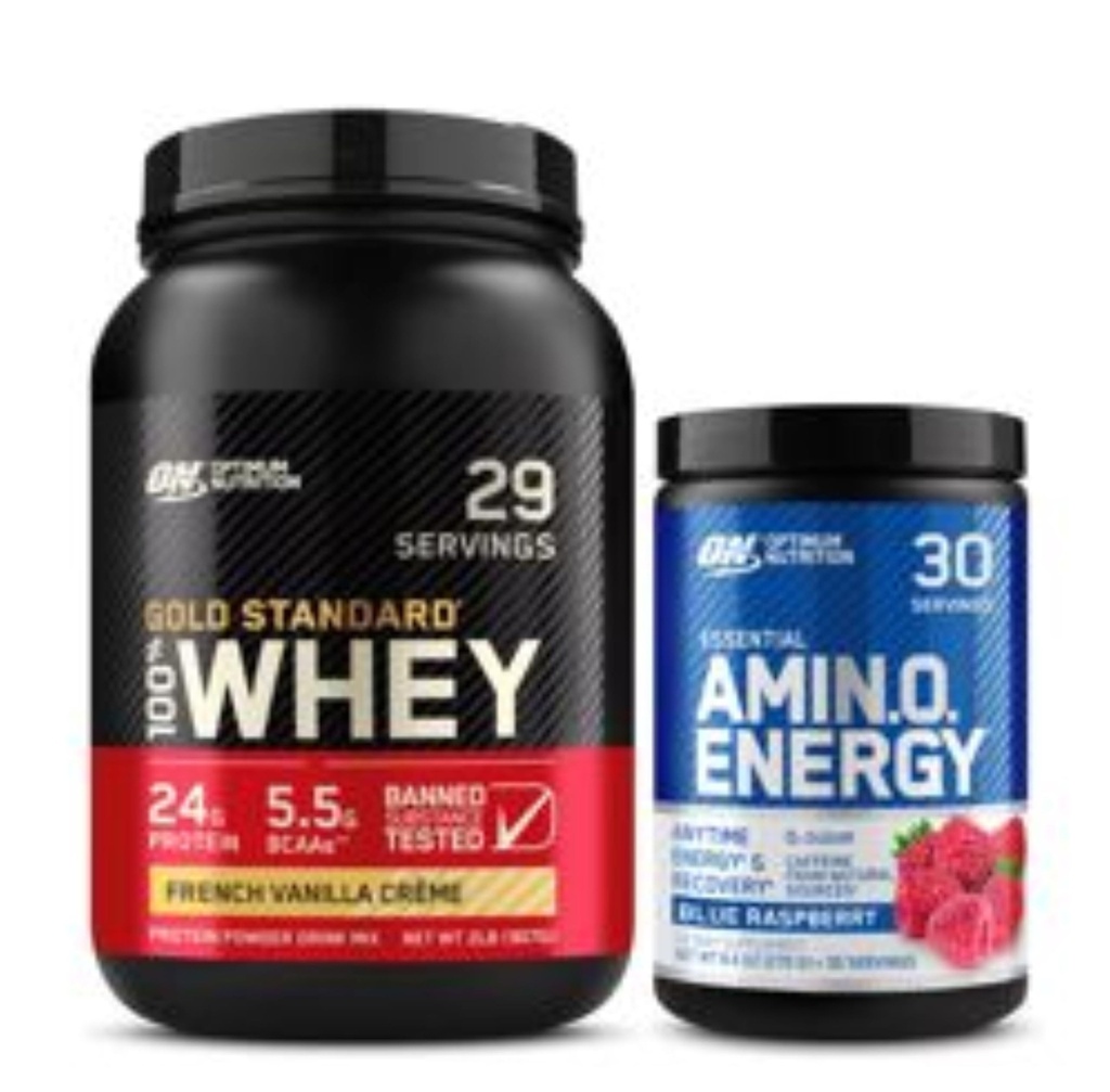 Optimum Nutrition Dynamic Duo Bundle: Amino Energy, Blue Raspberry (30 Servings) și Gold Standard 100% Whey Protein Powder, French Vanilla Creme (29 Servings)