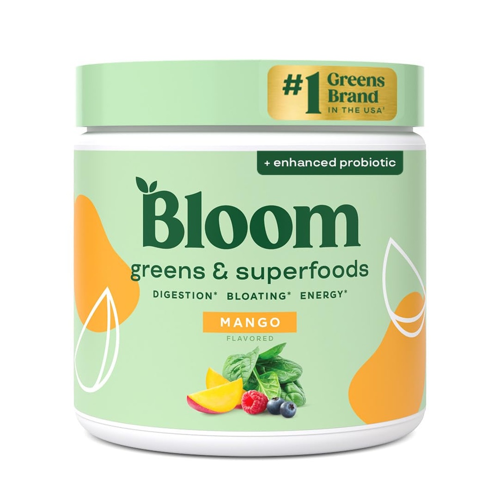 Bloom Nutrition Superfood Greens Powder, Enzime digestive cu Probiotice si Prebiotice, Sanatate Gut, Ajutor Blooting pentru femei, Chlorella, Green Juice Mix cu Root Powder, 30 SVG, Mango