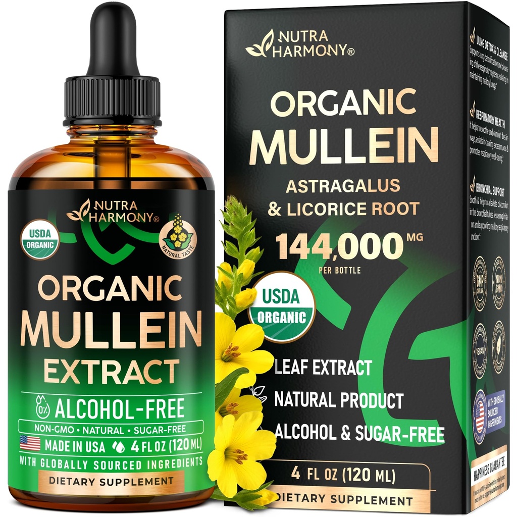 Mullein picături pentru plămâni - USDA lichid organic - Mullein Leaf Extract Supliment - Made in USA - Lung & Bronchial Cleanse pentru fumatori - Suport de sănătate respiratorie - As Tincture, Ceai, Pastile - 4 fl oz