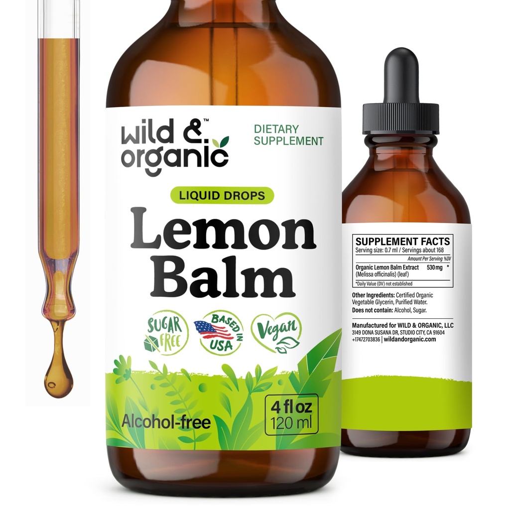 Balsam de lamaie salbatica si organica - Supliment de sustinere a dispozitiei - Melissa Lemon Balm Leaf Extract picături - Vegan, Sugar & Alcool - supliment de calmare gratuit - 4 fl oz