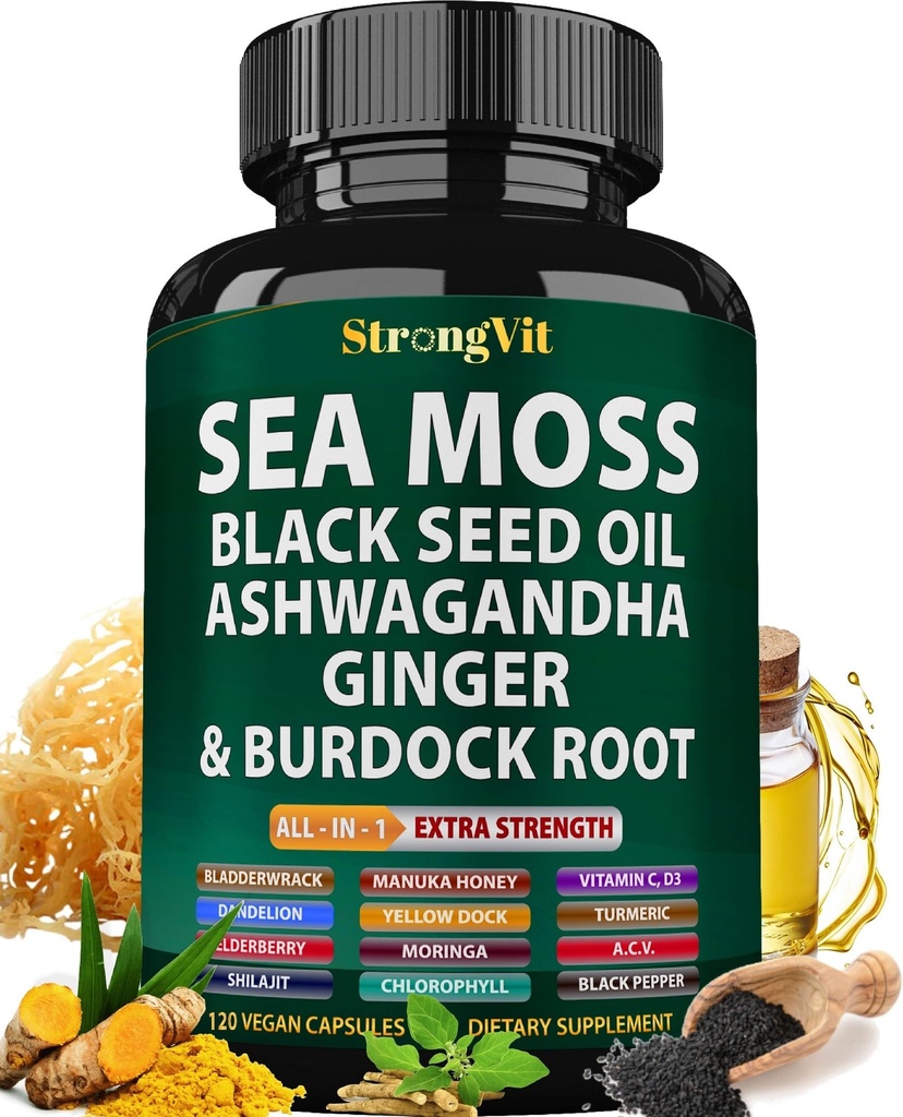 Sea Moss Black Seed Oil Ashwagandha Ginger, Organic Sea Moss Capsule cu Brodock Root, Irish Seamoss Pastile cu BladderWrack, Turmeric, Shilaj, Multimineral Supplement, SUA (120 capsule)