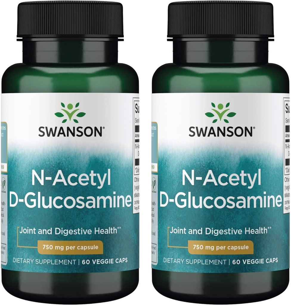Swanson N-Acetyl D-Glucosamine - Suplimentul natural Promovarea sprijinului pentru articulații și sănătatea gastro-intestinală - Formula naturală de susținere Cartilage sănătos - (60 Capsule vegetale, 750mg fiecare) (2 ambalaj)
