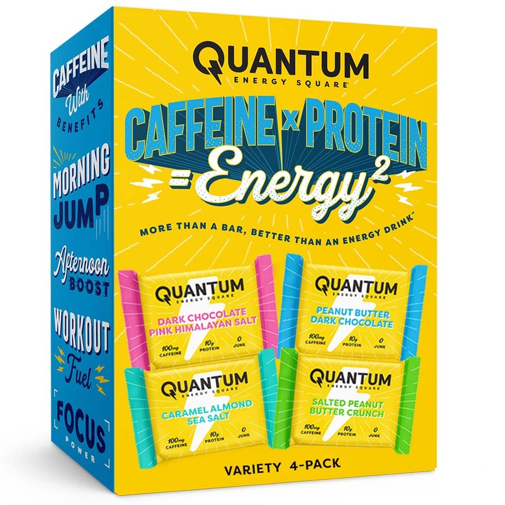 Piata Energetica Quantum - Energy Bar cu Cafeina & 10g Proteina, Sanatos Snack On the Go - Vegan, Gluten-Free, Soy & Dairy-Free - Varietate 4-Pack